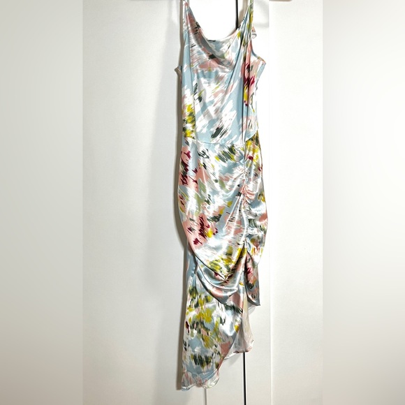 Illusion Floral Ruched Cowl Neck Midi Dress | Size XS - Picture 3 of 8